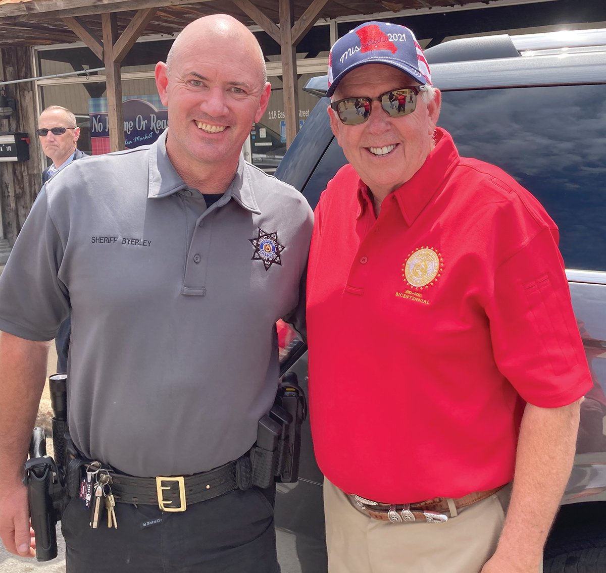 Wright County Sheriff Sonny Byerley, left, with Missouri Gov. Mike Parson during the Heritage Festival in Mountain Grove.